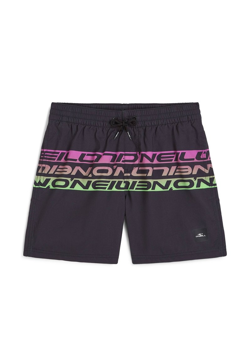 Shorts da nuoto neri realizzati in materiale leggero, con testo in gradiente orizzontale nei toni di rosa, viola e verde, dotati di vita con cordino.
