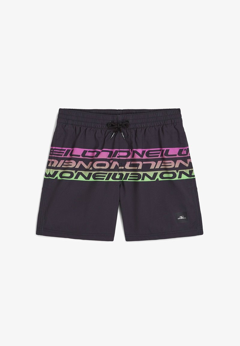 Čierne plavky vyrobené z ľahkého materiálu, s horizontálnym gradientným textom v ružovej, purpurovej a zelenej farbe, a s viazaním v páse.