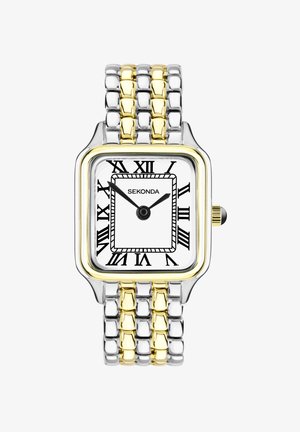 Montre en métal argenté et doré avec un boîtier rectangulaire, un cadran blanc, des chiffres romains et un fond texturé. Logo positionné à 12 heures.