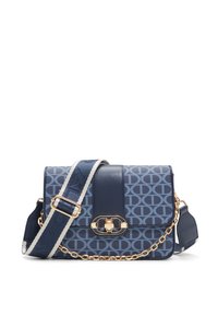 Navy blue handbag with geometric logo pattern, smooth leather accents, gold hardware, and a textured strap. Features a chain link detail.