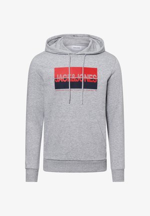 Sudadera con capucha gris hecha de material de forro polar, con un bolsillo canguro en la parte frontal y un gráfico de logo en rojo y azul marino.
