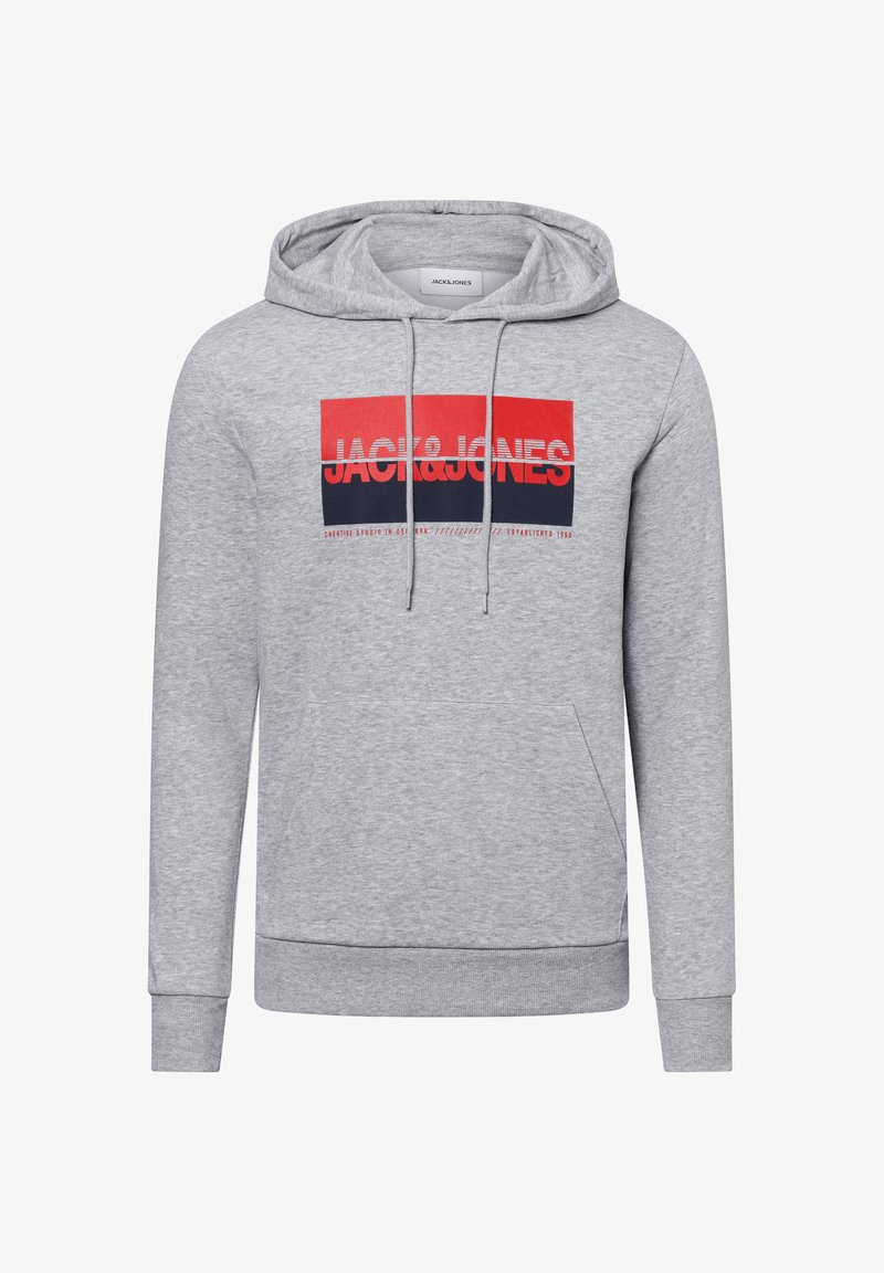 Sudadera con capucha gris hecha de material de forro polar, con un bolsillo canguro en la parte frontal y un gráfico de logo en rojo y azul marino.