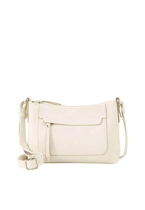 Borsa a tracolla color crema con tracolla regolabile, tasca frontale con patta e chiusura con zip sulla parte superiore, su sfondo bianco.