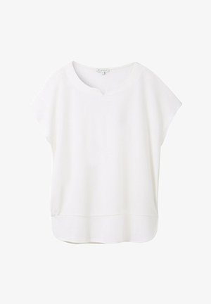 White short-sleeve blouse made from soft fabric. Features a rounded neckline with a small notch and a slightly curved hem for a relaxed fit.