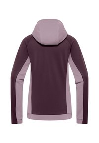 Hoodie met een gestructureerd donkerpaarse lijf en lichtpaarse zijpanelen en mouwen, met een moderne, atletische uitstraling.