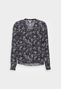 Kwiatowa bluzka z długim rękawem w kolorze granatowym, z białymi i złotymi akcentami. Projekt w serek z marszczonym przodem i mankietami. Lekki, zwiewny materiał.