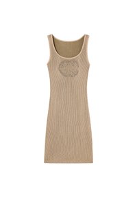 Beige ribbed tank dress with a scoop neckline, fitted shape, and a decorative floral pattern at the center. Soft fabric texture.