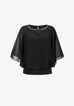 Schwarze Bluse mit durchsichtigen, fließenden Ärmeln, einem einfarbigen Körper und einem runden Ausschnitt, verziert mit kristallähnlichen Akzenten. Verborgener Reißverschluss auf der Rückseite.