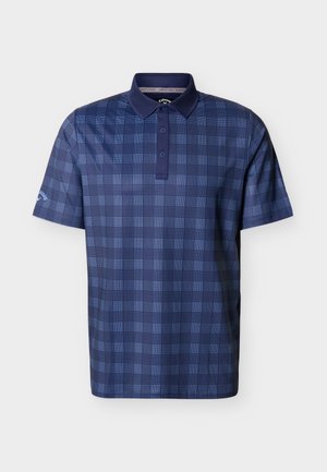 Miesten lyhythihainen laivastonsininen poolopaita, jossa tumma ruutukuosi, kolmen napin aukko ja kaulus, esitetty valkoisella taustalla.