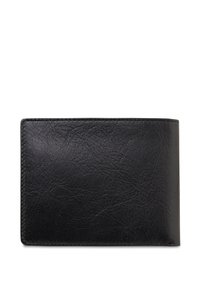 Portafoglio bifold in pelle nera con una texture a grana visibile e bordi cuciti su uno sfondo bianco.