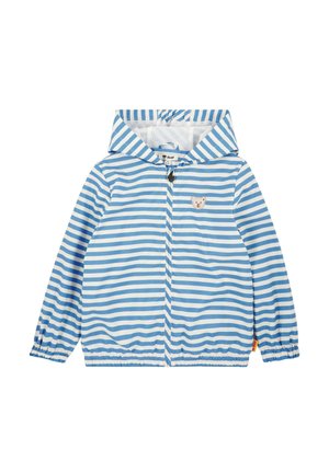 Leichte Regenjacke mit einem blau-weiß gestreiften Muster, ausgestattet mit einer Kapuze, elastischen Bündchen und einem kleinen Bären-Logo auf der Brust.