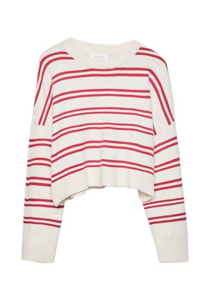 Kvačkan pulover v kremni barvi z rdečimi horizontelnimi črtami; ima sproščen kroj, širok okrogli izrez in rebraste manšete ter spodnji rob.