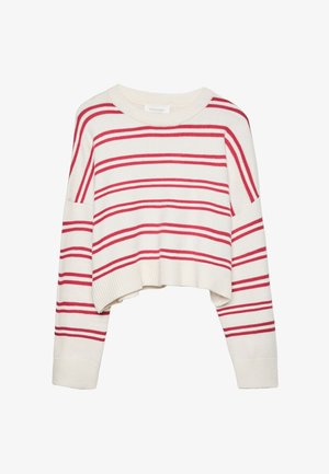 Crochet sweater in cream with red horizontal stripes; features a relaxed fit, wide crew neckline, and ribbed cuffs and hem.