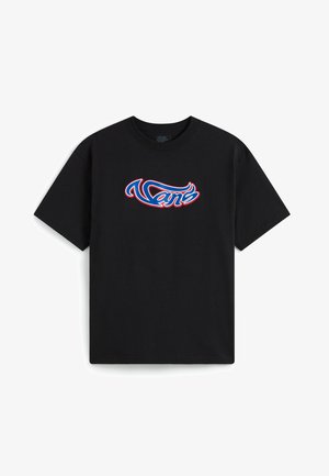Czarny T-shirt z krótkim rękawem z niebiesko-czerwonym stylizowanym logo Vans na środku klatki piersiowej.