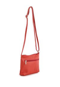 Red leather crossbody bag with a textured surface, adjustable strap, and a zippered front pocket. Compact rectangular shape.
