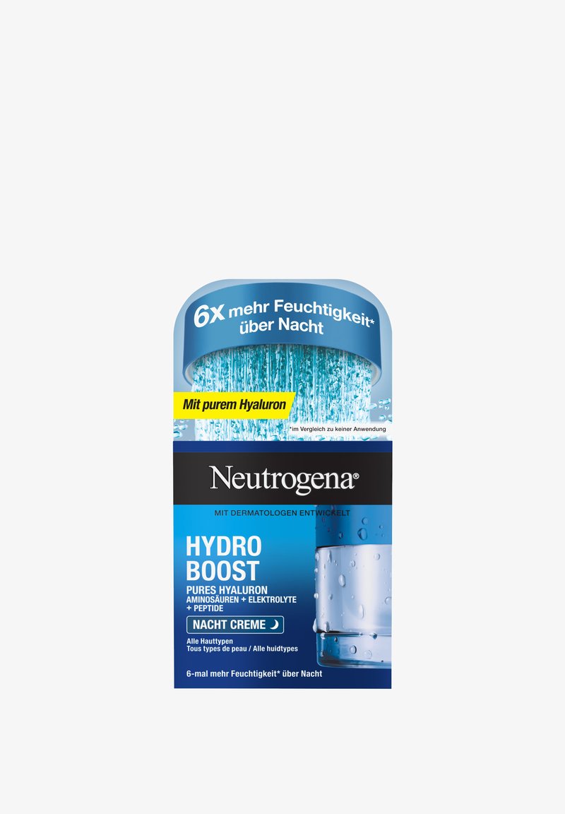 Neutrogena Hydro Boost Nachtcreme packaging features a blue and white color scheme, showcasing a clear gel texture with water droplet visuals.