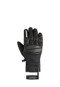 Black leather glove with textured surfaces, padded knuckles, and elastic wrist strap. Features logo on the back and a durable design for grip.