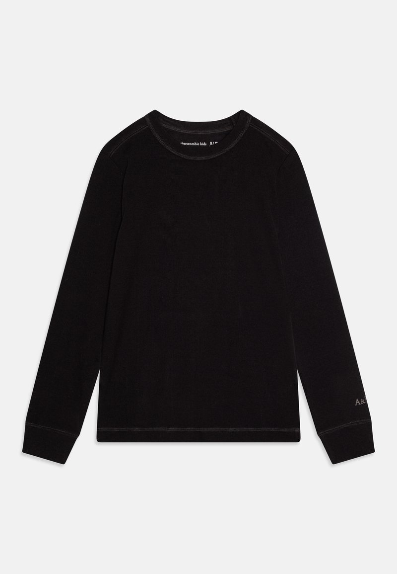 Black long-sleeve shirt made of soft fabric, featuring a crew neckline, ribbed texture, and light stitching detail along the seams.