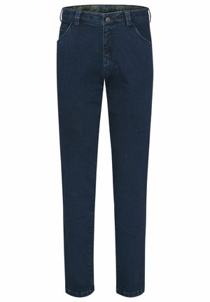 Marineblauwe denim jeans met een rechte pasvorm, voorzien van zijzakken, een knoopsluiting en een gemêleerde binnenvoering.