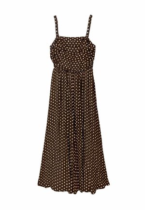 Brun maxikjole uden ærmer med hvide polkaprikker og rynkede detaljer på korset.