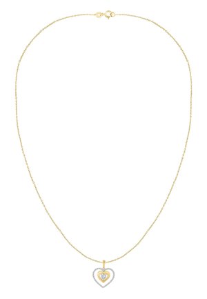Delicate gouden ketting met een hartvormige hanger met een centraal gouden hart en een buitenste zilveren hart bezet met kleine diamanten.
