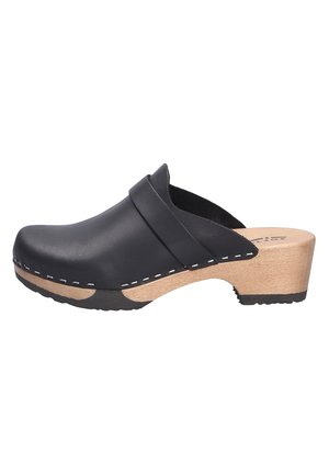 Schwarzer Leder-Slipper-Clog mit Holzsohle und niedrigem Absatz, mit sichtbarer weißer Naht entlang der Kante und strukturiertem Gummiprofil.