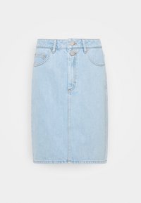 Gonna di jeans azzurro chiaro con un design aderente, bottoni frontali, due tasche e un taglio dritto. Presenta una texture uniforme con una leggera scoloritura.