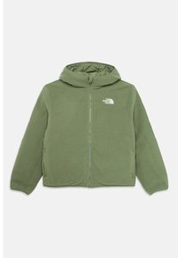 Veste en polaire verte avec capuche, dotée d'une fermeture éclair et de poches latérales. Le tissu présente une texture chaleureuse et confortable. Logo blanc sur la poitrine.