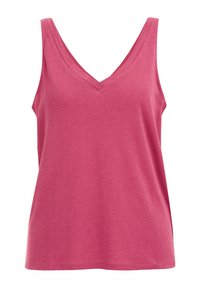 Rosa ärmlös topp med V-ringning, tillverkad av mjukt och lätt material. Har en avslappnad passform och en slät nederkant.