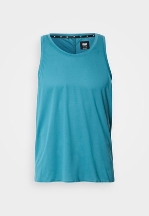 Ελαφρύ τιρκουάζ αμάνικο μπλουζάκι από διαπνέον ύφασμα, με στρογγυλή λαιμόκοψη και υφή σχεδίου. Διακοσμητικές μαύρες λεπτομέρειες στο εσωτερικό.