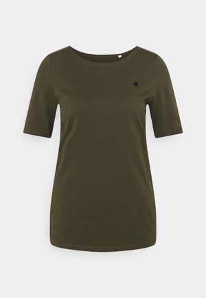 Dames-T-shirt met korte mouwen in olijfgroen, met ronde hals en een klein zwart geborduurd logo op de linkerborst.