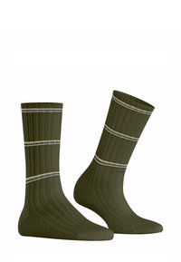 Calze a coste verde oliva con due strisce orizzontali in crema chiaro e grigio. Presentano un filato testurizzato e un design di lunghezza standard.