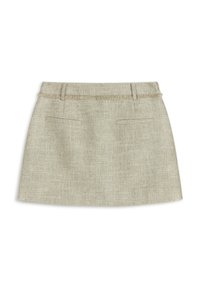 Falda de lino beige con un acabado texturizado, que presenta un borde deshilachado en la cintura y dos bolsillos frontales. Forma en A, diseño minimalista.