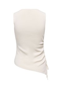 Haut sans manches couleur crème avec un ourlet asymétrique et un détail de cordon latéral, vu de dos.