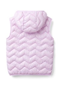 Hellrosa, gepolsterte Weste mit Chevron-Struktur, ausgestattet mit einer Kapuze und ärmellosem Design, gefertigt aus gestepptem Synthetikmaterial.