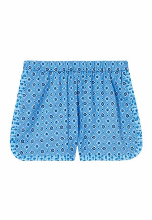Pantalones cortos azul con estampado y cinturilla elástica, que presentan un diseño geométrico floral en tonos de azul oscuro y acentos blancos, con bordes acampanados.