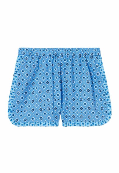 Pantalones cortos azul con estampado y cinturilla elástica, que presentan un diseño geométrico floral en tonos de azul oscuro y acentos blancos, con bordes acampanados.