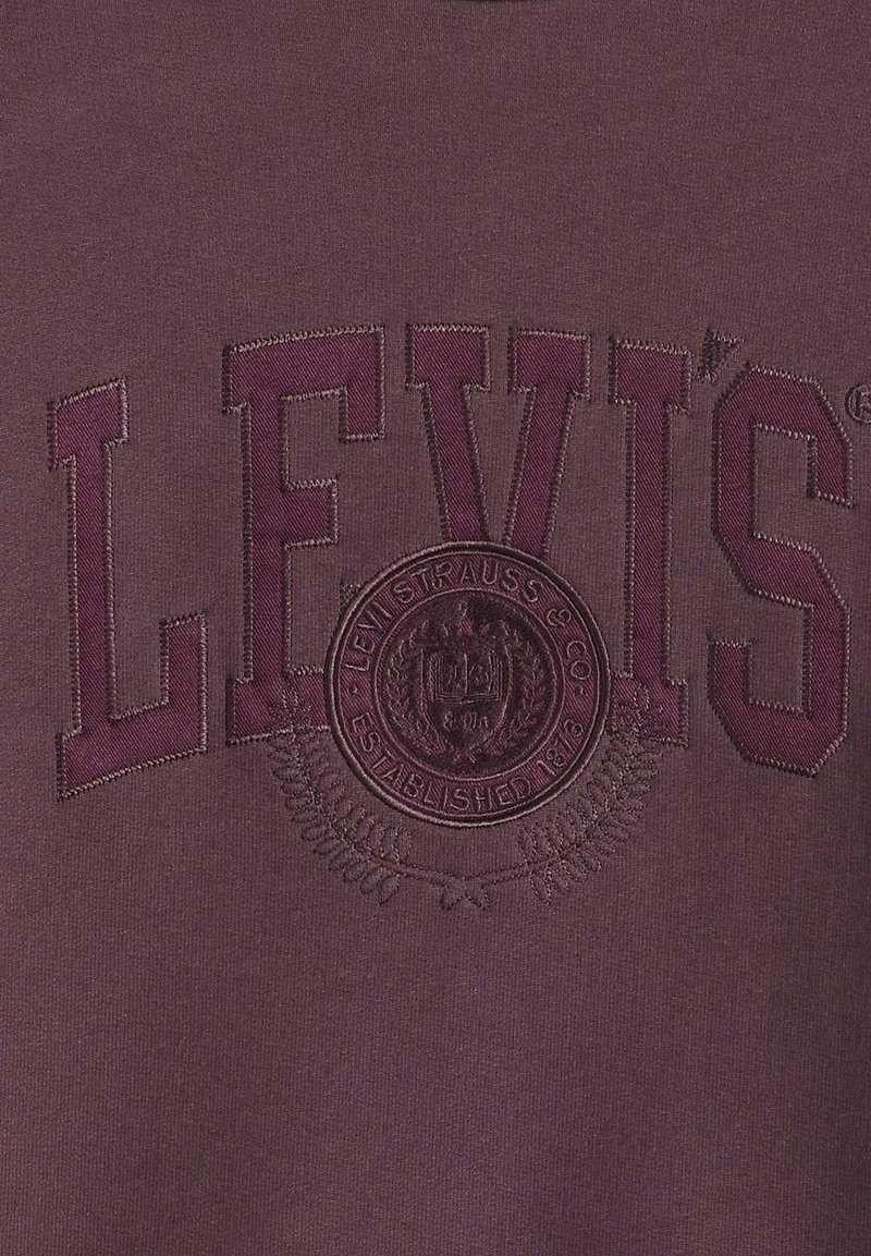 Bordeauxfarbener Hoodie mit gesticktem "LEVI'S"-Logo, einem kreisförmigen Emblem mit Details und einer glatten, strukturierten Stoffoberfläche.