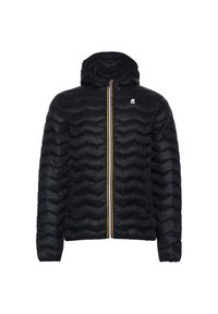 Black puffer jacket with a quilted design, hood, and yellow zipper accent. Features elastic cuffs and a logo on the upper left chest.