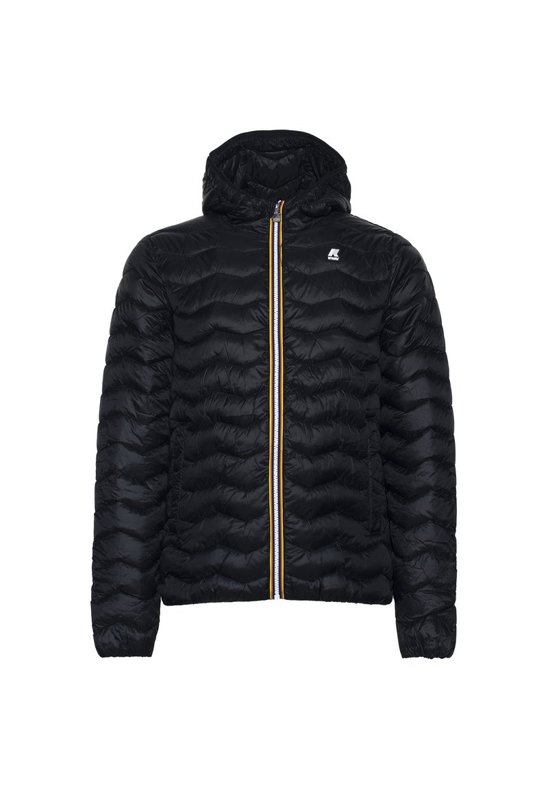 Black puffer jacket with a quilted design, hood, and yellow zipper accent. Features elastic cuffs and a logo on the upper left chest.