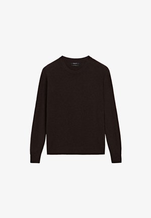 Dunkelbrauner Pullover aus weichem Strickmaterial, mit Rundhalsausschnitt, langen Ärmeln und einem schlichten Design ohne Muster oder Verzierungen.