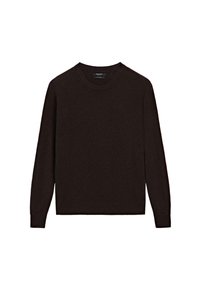 Maglione marrone scuro realizzato in morbido tessuto a maglia, con collo rotondo, maniche lunghe e un design semplice senza fantasie o decorazioni.