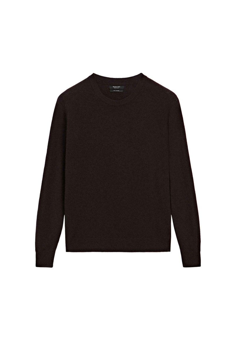 Maglione marrone scuro realizzato in morbido tessuto a maglia, con collo rotondo, maniche lunghe e un design semplice senza fantasie o decorazioni.