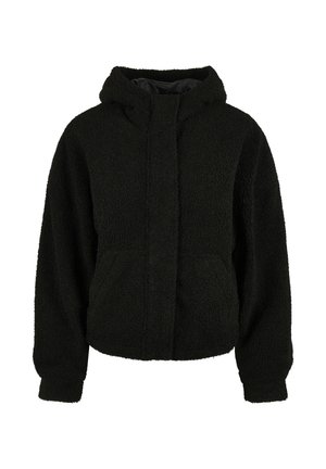 Black hooded fleece jacket with long sleeves, front pockets, and a concealed zipper closure.