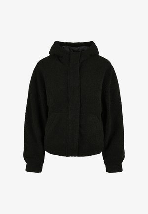 Jachetă fleece neagră cu glugă, mâneci lungi, buzunare frontale și închidere cu fermoar ascuns.