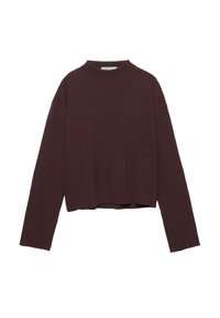 Pulover bordo tricotat cu dungi, cu mâneci lungi, guler înalt și tiv scurt, având un finisaj texturat și croială lejeră.