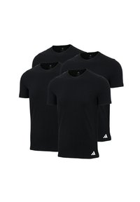 Drei schwarze Kurzarm-T-Shirts aus weichem Stoff mit Rundhalsausschnitt; verfügen über ein kleines weißes Logo am Saum.