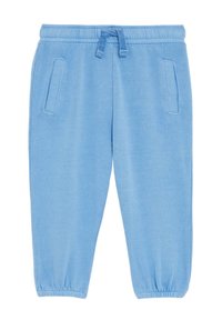 Lichtblauwe sweatpants van zachte stof, met een elastische tailleband, een trekkoord en twee zijzakken met gathered boorden bij de enkels.