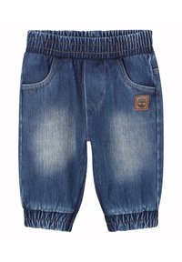 Pantaloni jogger in denim blu medio con vita elasticizzata, due tasche frontali e una patch del logo marrone sul lato sinistro.