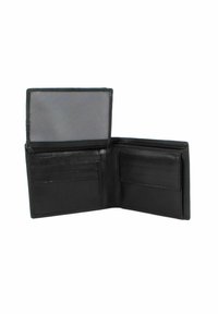 Black leather wallet with multiple card slots, a clear ID window, and a smooth texture; includes a lined interior and folded design.
